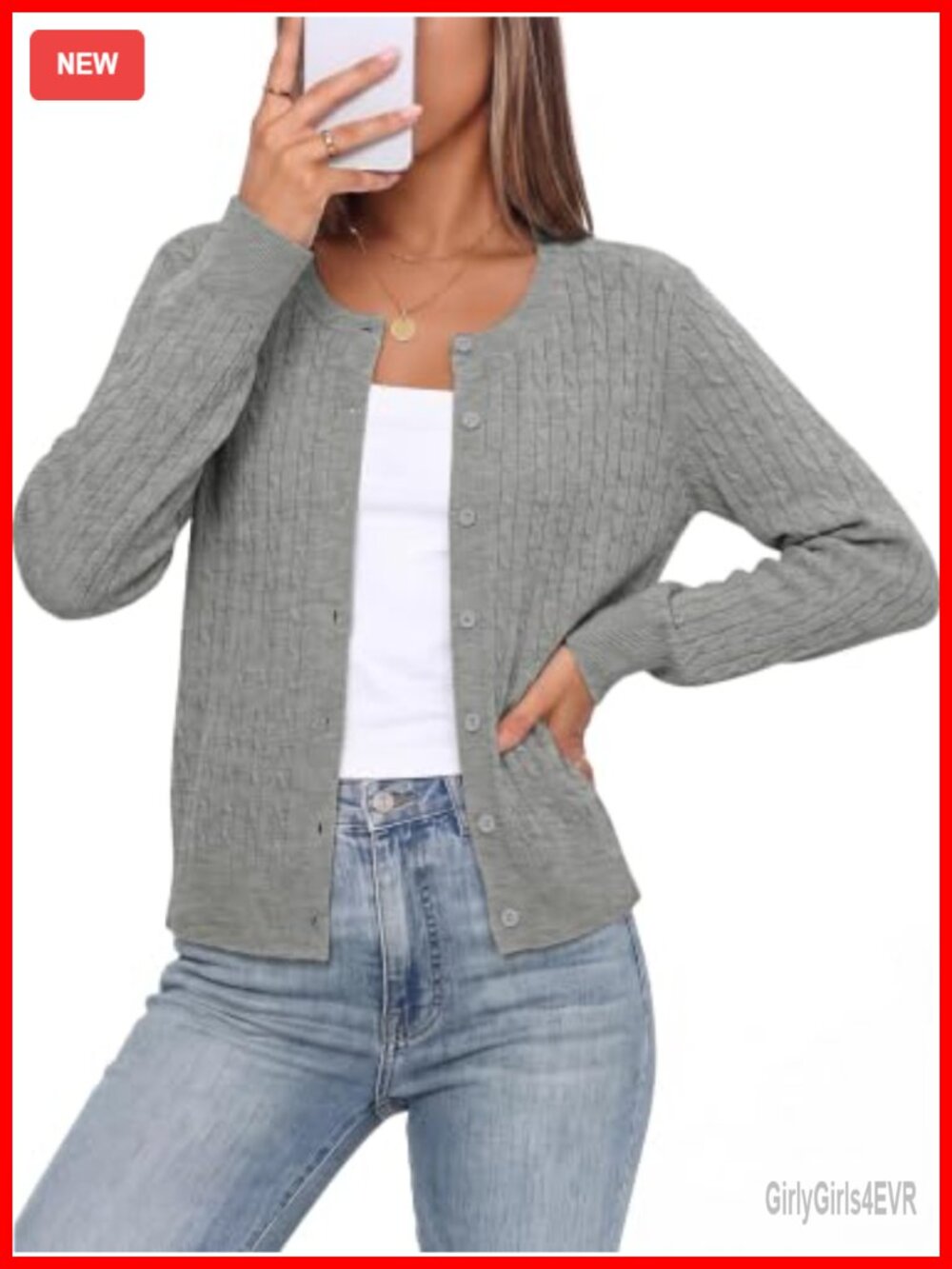 Womens Cable Knit Cardigan Long Sleeve Button Crew Neck Sweater